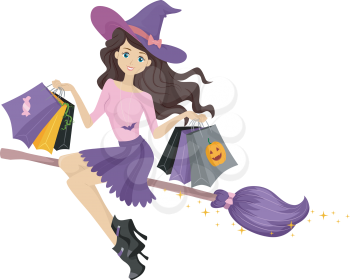 Illustration of a Teenage Witch on a Broomstick Carrying Shopping Bags