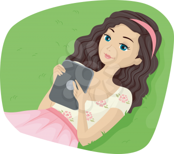 Illustration of a Teenage Girl Reading Ebooks on Her Tablet