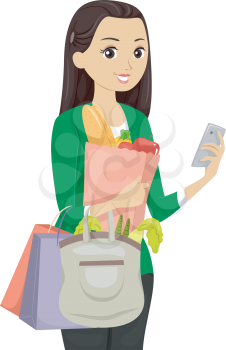 Illustration of a Teenage Girl Using a Shopping App While Buying Groceries