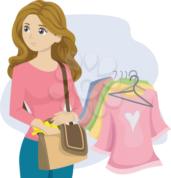 Illustration of a Kleptomaniac Teenage Girl Stealing Clothes