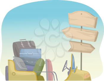 Illustration of a Pile of Suitcases Near a Wooden Sign