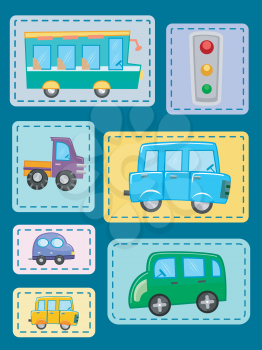 Illustration of Patches Featuring Different Types of Vehicles
