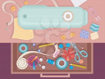 Illustration of a Drawer Full of Sewing Materials