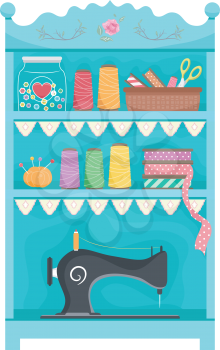 Illustration of a Shelf Filled with Sewing Materials