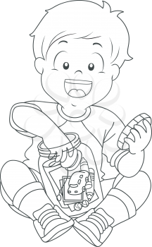 Black and White Illustration of a Boy Storing Trinkets in a Jar