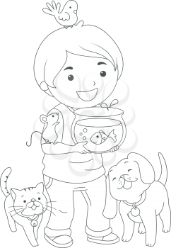 Black and White Coloring Page Illustration of a Boy Carrying Pets