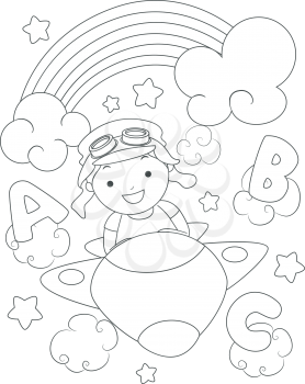 Black and White Coloring Page Illustration of a Boy Dressed as an Aviator