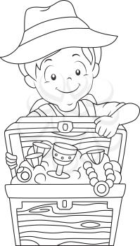Black and White Coloring Page Illustration of a Boy Opening a Treasure Chest