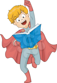 Illustration of a Boy Dressed as a Superhero Reading a Book