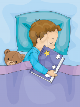 Illustration of a Boy Hugging a Book While Sleeping