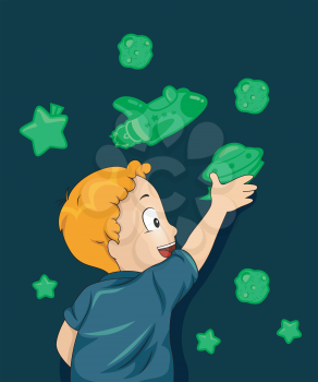 Illustration of a Boy Sticking Space Themed Glow in the Dark Stickers on His Wall