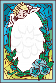 Stained Glass Illustration Featuring a Cherub Hovering Over a Patch of Roses