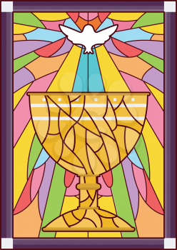Stained Glass Illustration Featuring a Dove Hovering Over a Chalice