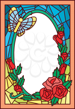 Stained Glass Illustration Featuring a Butterfly Hovering Over Roses