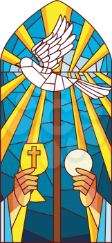 Stained Glass Illustration Featuring a Priest Raising the Host and the Chalice
