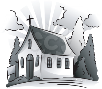 Black and White Illustration Featuring a Small Church