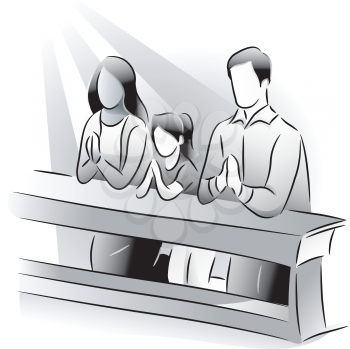 Black and White Illustration Featuring a Family Praying Together