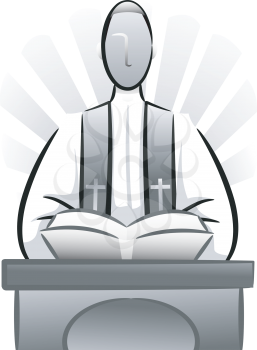 Black and White Illustration Featuring a Priest Delivering a Sermon
