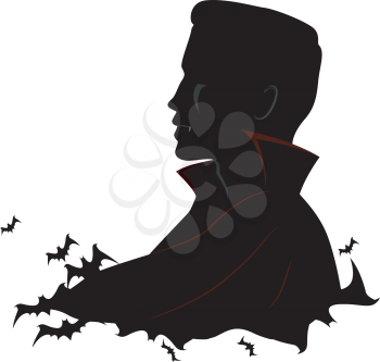 Black and White Illustration Featuring a Vampire Surrounded by Bats