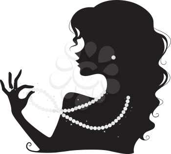 Illustration Featuring the Silhouette of a Woman Wearing a Pearl Necklace, Earring and Ring