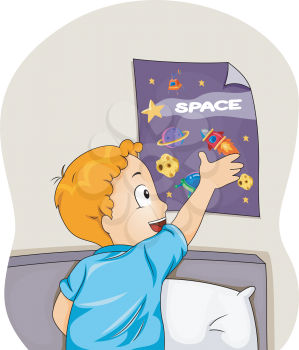 Illustration of a Boy Sticking a Space Themed Poster on His Wall