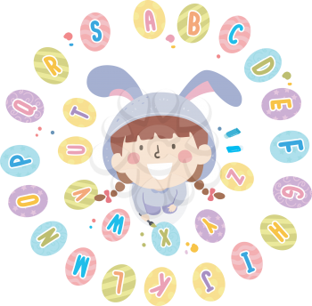 Illustration of a Kid Girl Wearing an Easter Bunny Looking Up with Alphabet Easter Eggs