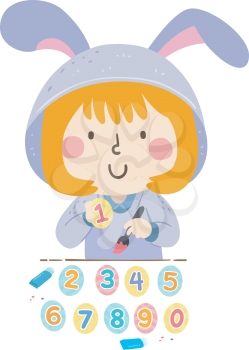 Illustration of a Kid Girl Wearing Easter Bunny and Painting Easter Egg with Numbers