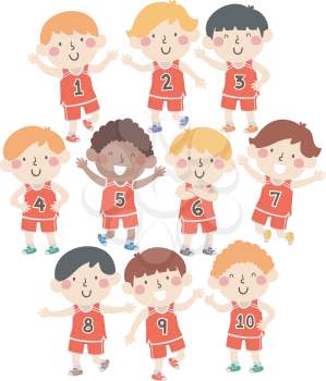 Illustration of Kids Boys Wearing Jersey with Numbers from One to Ten