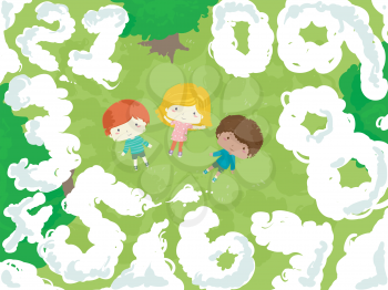 Illustration of Kids Lying Down the Grasses Outdoors Looking Up at the Clouds Shaped as Numbers