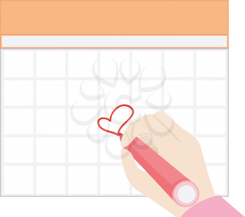 Illustration of a Hand Marking a Blank Calendar Template with a Heart as Anniversary Date