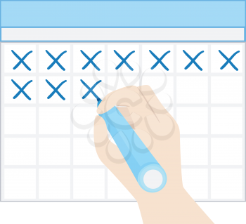 Illustration of a Hand Holding a Marker Crossing Dates on Blank Calendar Template