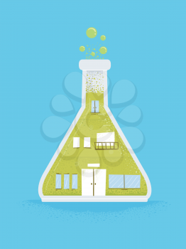 Illustration of a Laboratory Building Shaped as a Flask with Chemicals Bubbling Inside