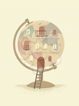 Illustration of an Archaeology Museum Building Shaped as a Vintage Globe