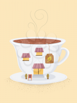 Illustration of a Tea House or Tea Shop Shaped as a Cup of Tea with Tea Bag