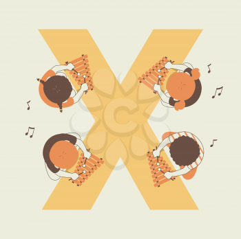 Illustration of Kids Students Playing with Xylophone on Letter X Table
