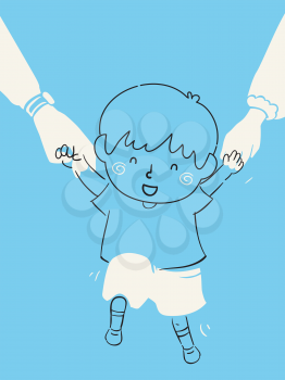 Illustration of a Kid Boy Walking and Holding Hands with Mother and Father. Child Raising, Support and Security