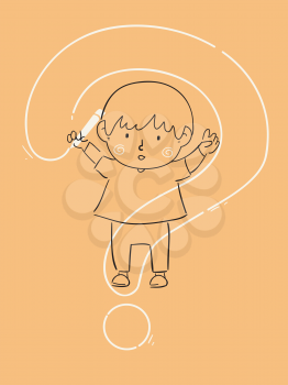 Illustration of a Kid Boy Doodle Holding a Pencil and Drawing a Big Question Mark