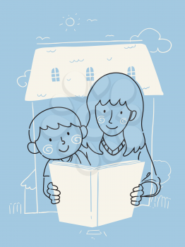 Illustration of a Kid Boy Reading a Book with Mother at Home. Child Raising Home School