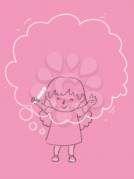 Illustration of a Kid Girl Doodle Holding a Pencil and Drawing a Thought Bubble