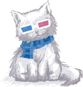 Sketch Illustration of a White Cat Wearing 3D Glasses with Movie Film Around Its Neck