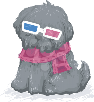 Sketch Illustration of a Dog Wearing 3D Glasses with Movie Film Around Its Neck