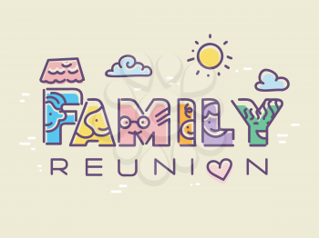 Illustration of a Family Reunion Lettering with Different Face Doodles on the Letters