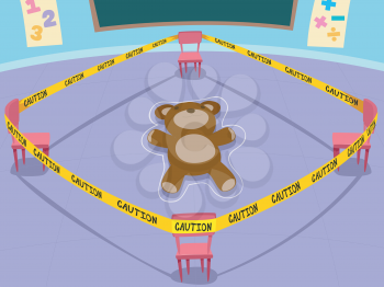 Illustration of a Classroom Crime Scene Game with a Teddy Bear Victim and Yellow Caution Tapes