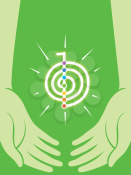 Illustration of Hands with Reiki Symbol and Seven Chakra Energy Dots