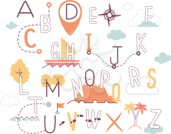 Illustration of the Alphabet in Geography Theme with Foot Path, Compass, Water, Mountain and Palm Trees