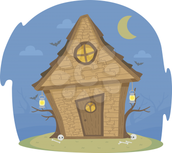 Illustration of a Witch House at Night with Open Lights Under the Moon