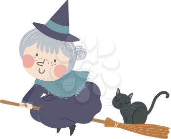 Illustration of a Senior Woman Witch Riding a Broom with Pet Black Cat