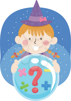 Illustration of a Kid Girl Witch Looking at Her Crystal Ball with a Question Mark and Math Operators