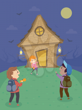 Illustration of Stickman Kids Outside a Witch House at the Top of the Hill with Bats and the Full Moon