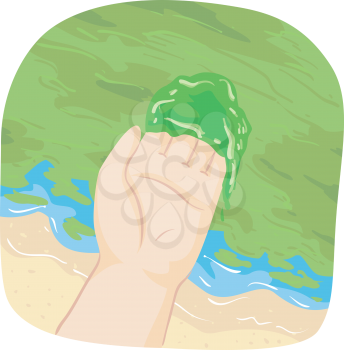 Illustration of a Hand Shoving Algae from Algae Bloom